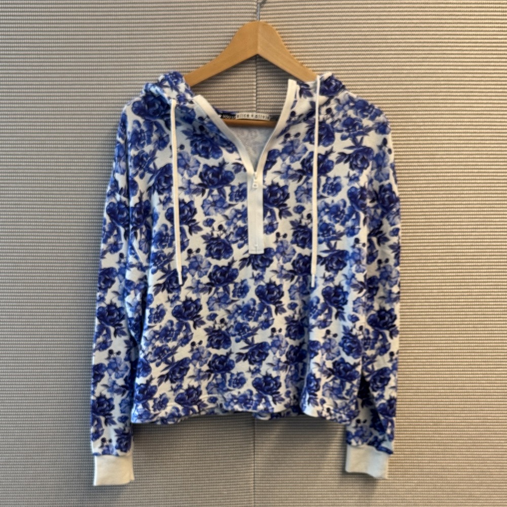 Alice + Olivia White Zip Hoodie with Blue Floral Print